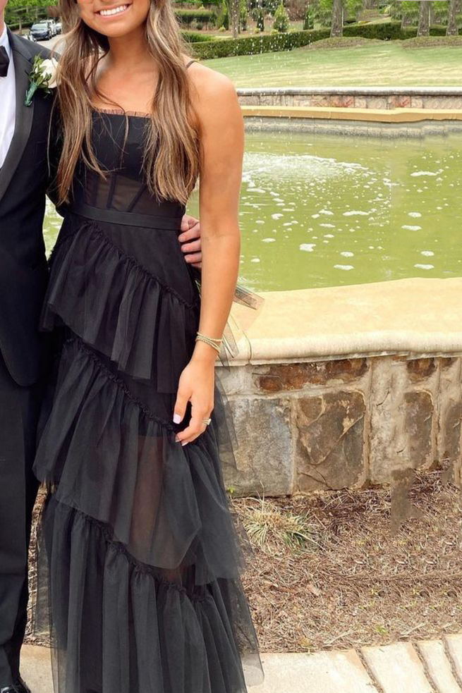 new a line layered tulle black prom dress sheer corset long evening dress