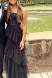 new a line layered tulle black prom dress sheer corset long evening dress