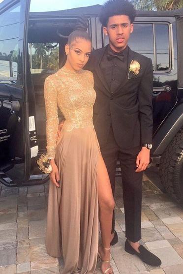 sheer sequins long sleeves prom dress high slit party dress