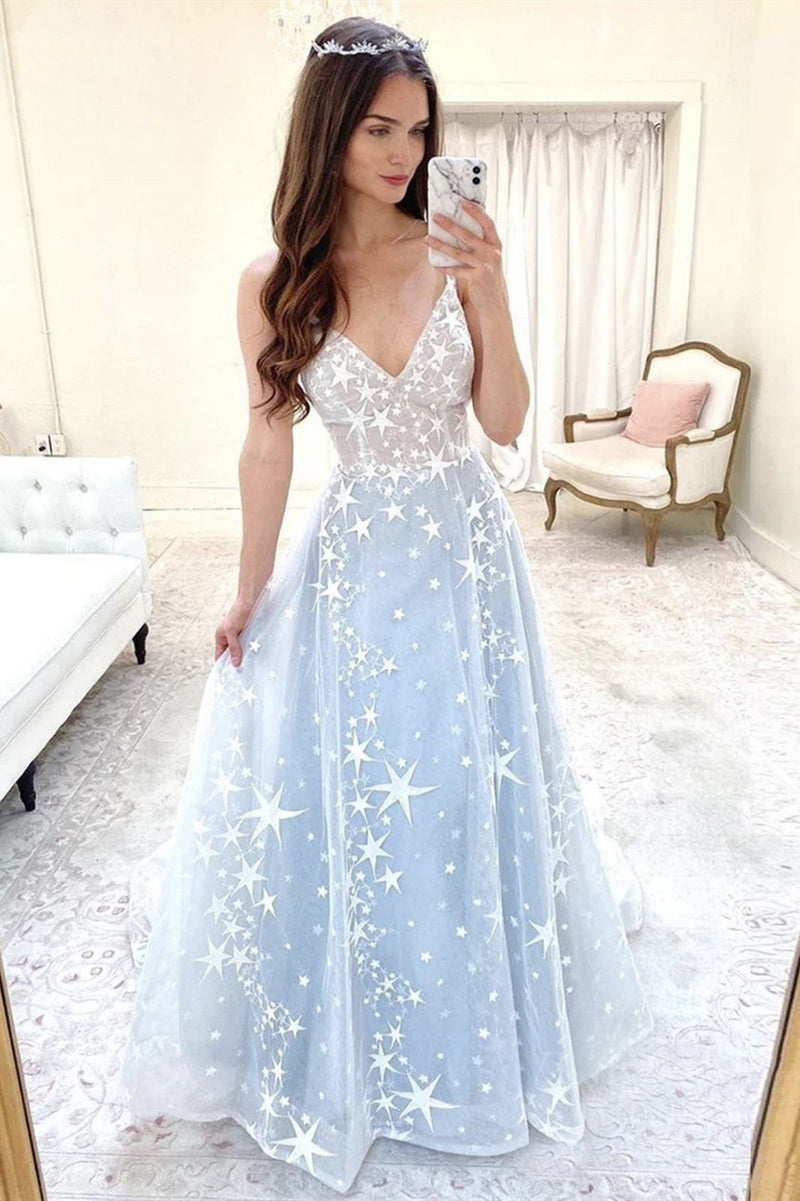 shiny star tulle prom dresses a line v neck light blue formal gown