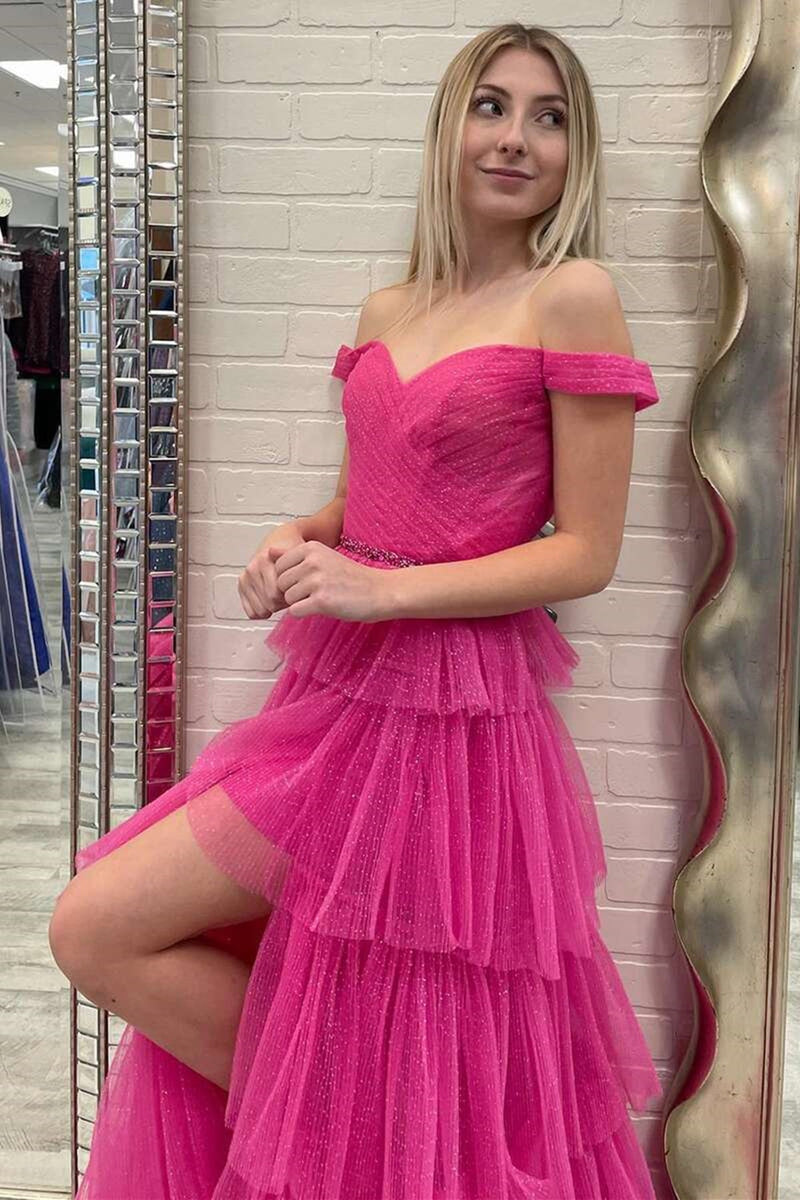 shiny hot pink tulle layered prom dress off shoulder slit formal evening dresses