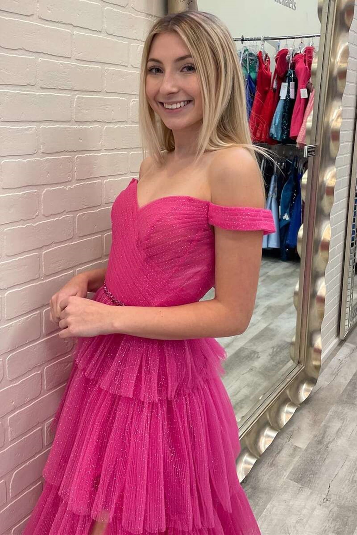 shiny hot pink tulle layered prom dress off shoulder slit formal evening dresses