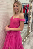 shiny hot pink tulle layered prom dress off shoulder slit formal evening dresses