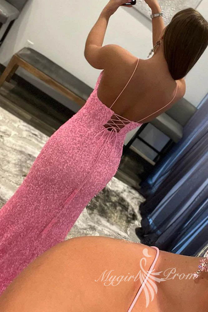 shiny pink sequins v neck mermaid long prom dresses high slit formal evening dresses