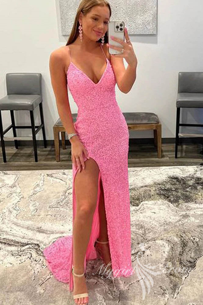 shiny pink sequins v neck mermaid long prom dresses high slit formal evening dresses