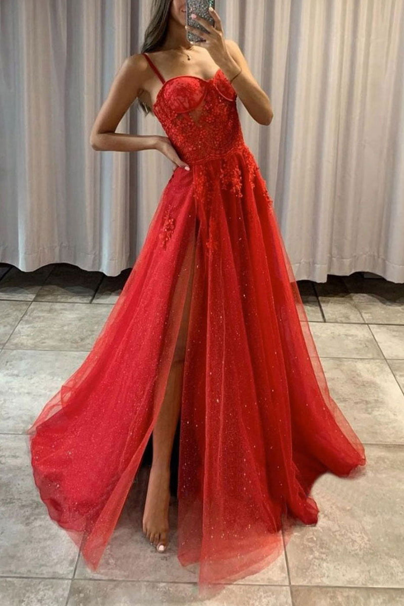shiny red tulle a line prom dress spaghetti straps formal gown with slit