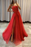 shiny red tulle a line prom dress spaghetti straps formal gown with slit
