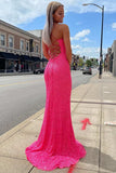 glitter hot pink mermaid sparkly prom dress with slit long evening gown