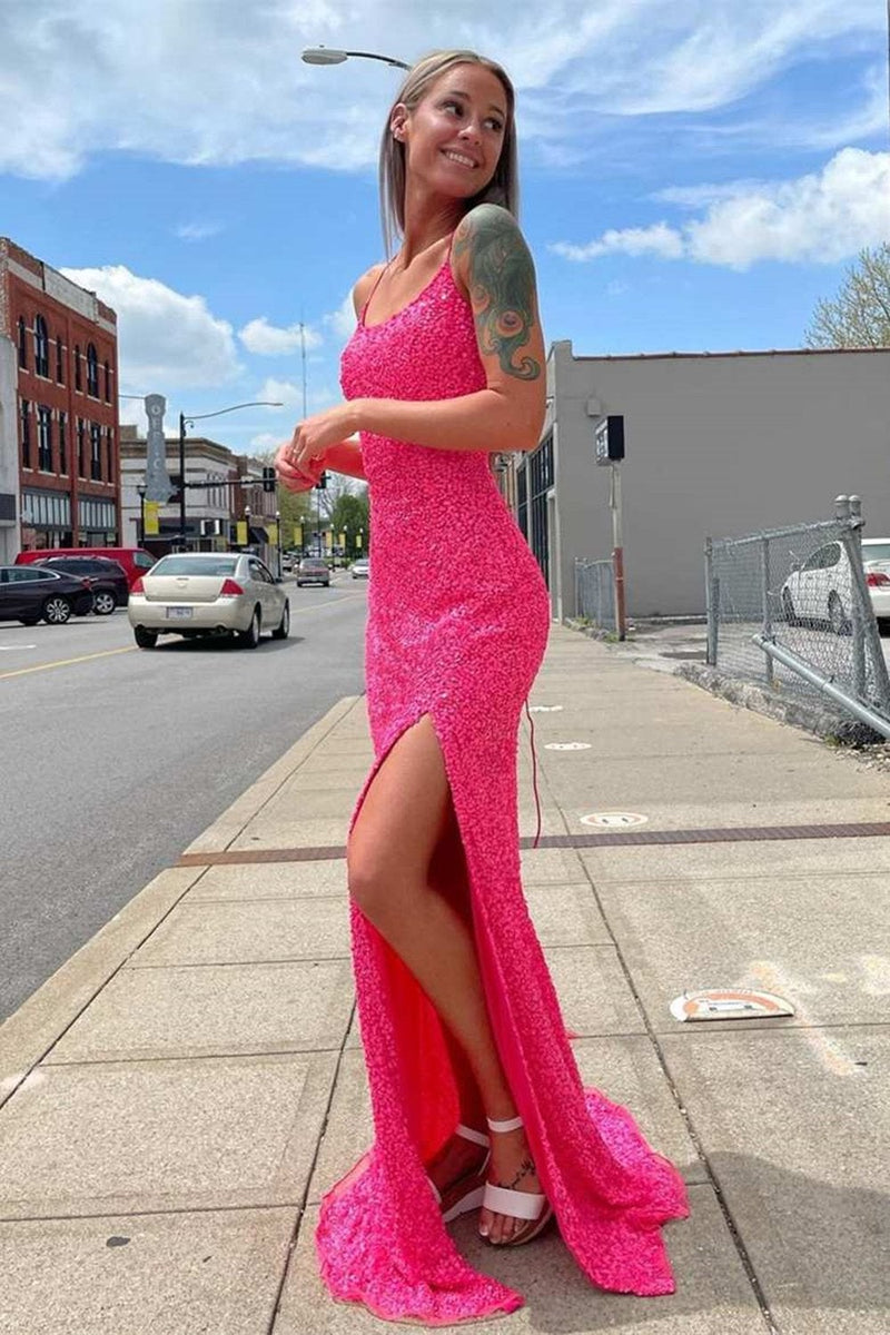 glitter hot pink mermaid sparkly prom dress with slit long evening gown