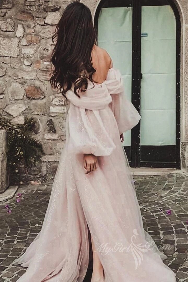 shiny tulle pink prom dresses off the shoulder puff sleeve evening dress with slit