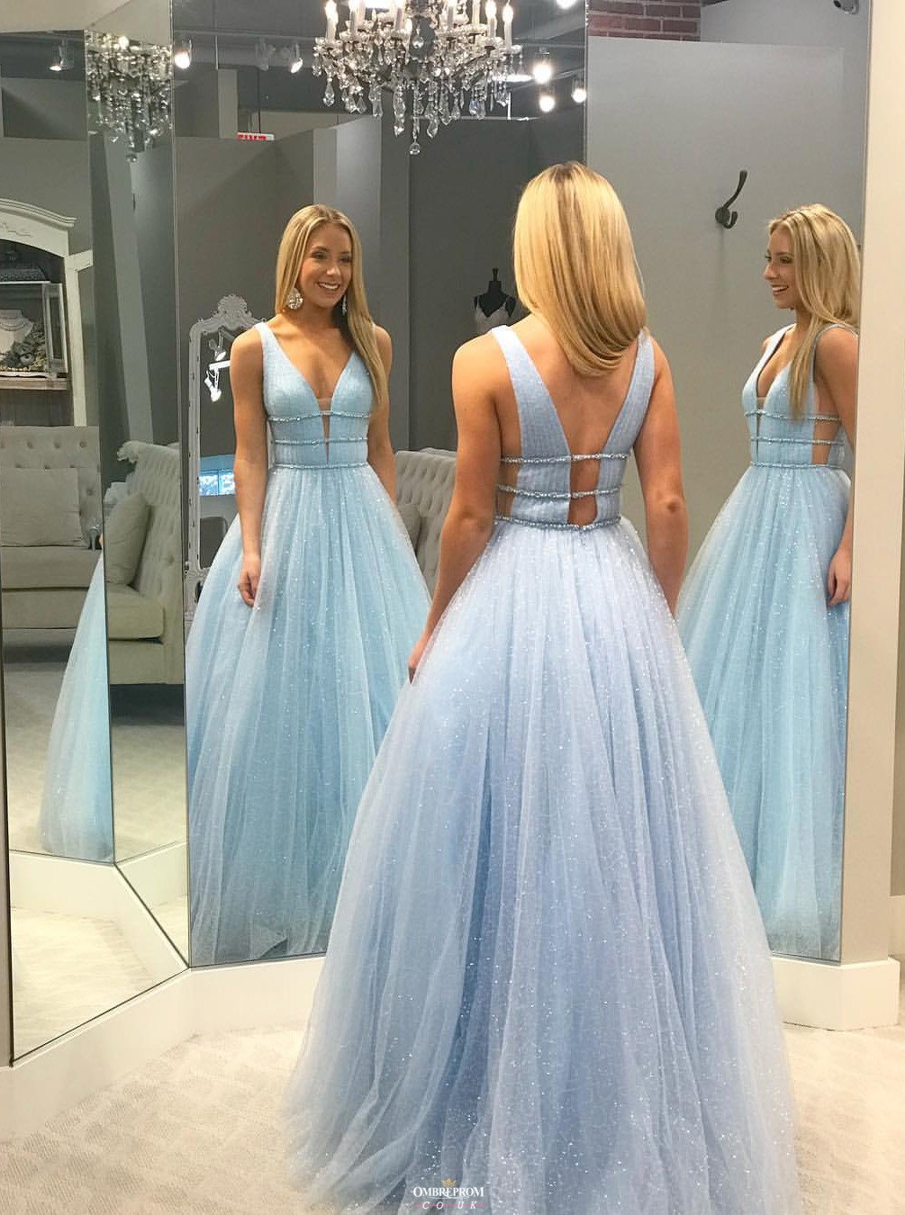 shiny v neck tulle beading long prom dress sparkle long formal dress
