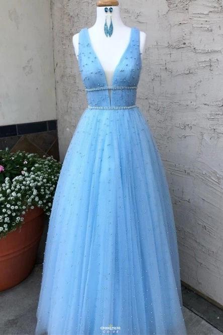 a line v neck long light blue prom dresses with beading