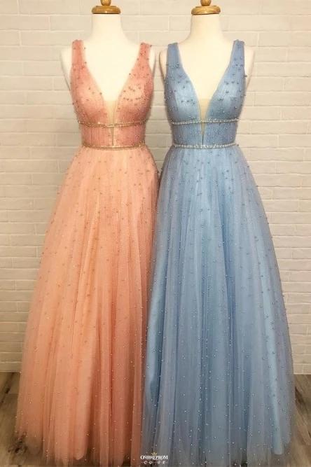 a line v neck long light blue prom dresses with beading
