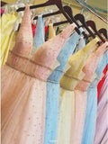 a line v neck long light blue prom dresses with beading