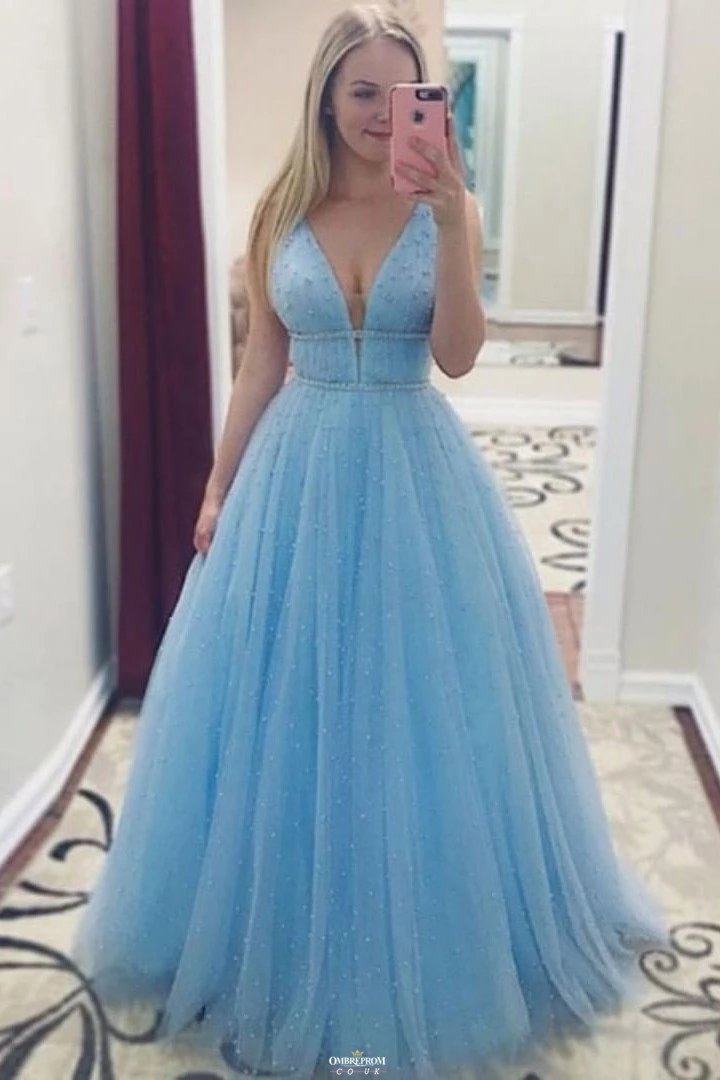 a line v neck long light blue prom dresses with beading