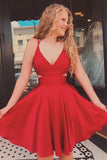 Short V Neck Satin Red Prom Dress Cut Back Double Straps Cocktail Homecoming Dresses GM577