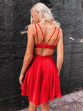 short v neck satin red prom dress cut back double straps cocktail homecoming dresses