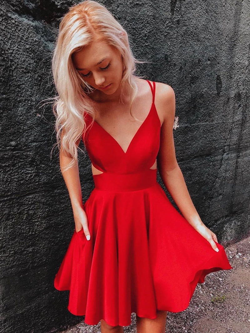 short v neck satin red prom dress cut back double straps cocktail homecoming dresses