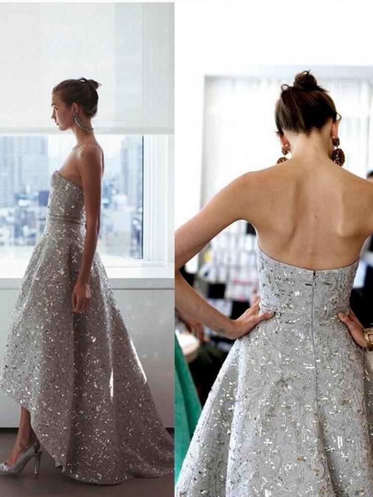 sequins silver hi lo red carpet pageant prom gown quinceanera homecoming party dress