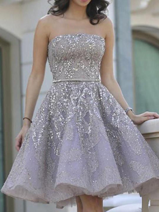 sparkly beads short prom dress silver sequins homecoming dress