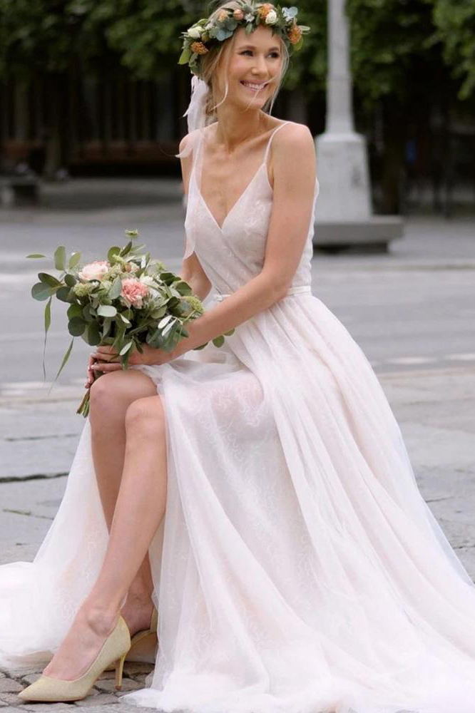 boho wedding dresses a line v neck long bridal gown with split