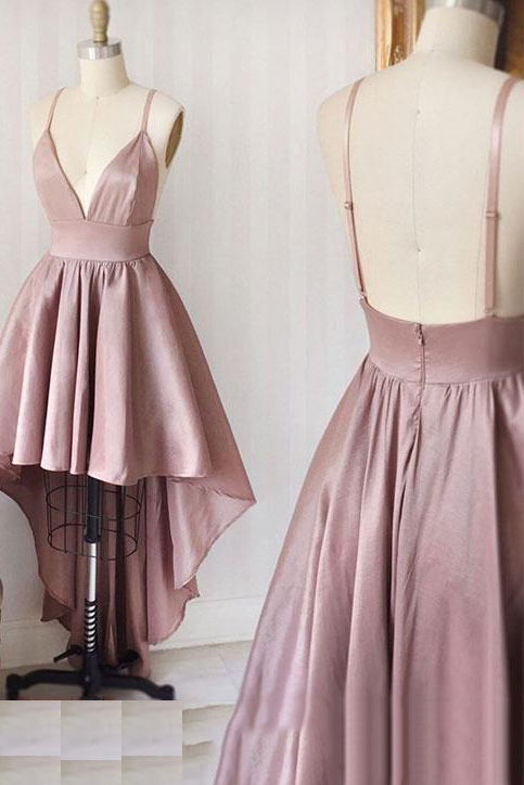 simple high low pink homecoming dress backless short prom dress