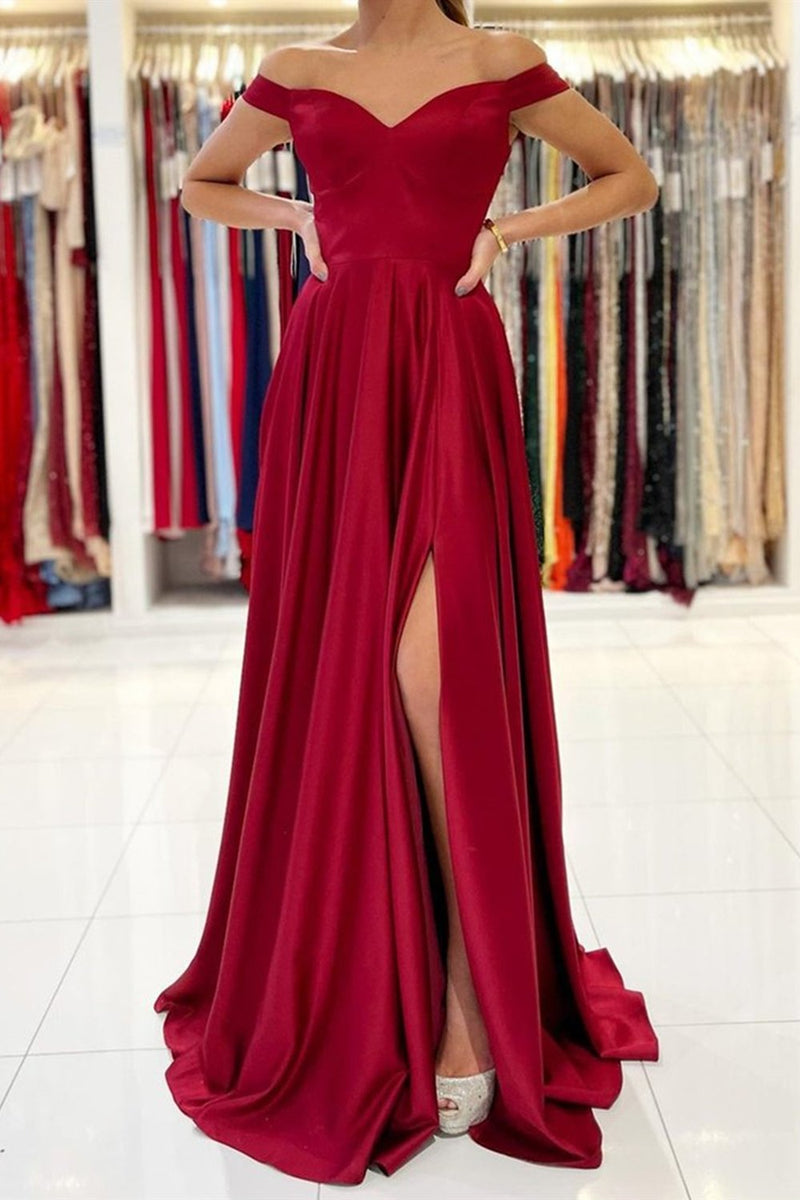 simple off the shoulder burgundy satin long prom dress with slit