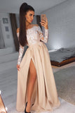 Simple Satin Long Prom Dress Lace Off-Shoulder Long Sleeves With Slit MP750
