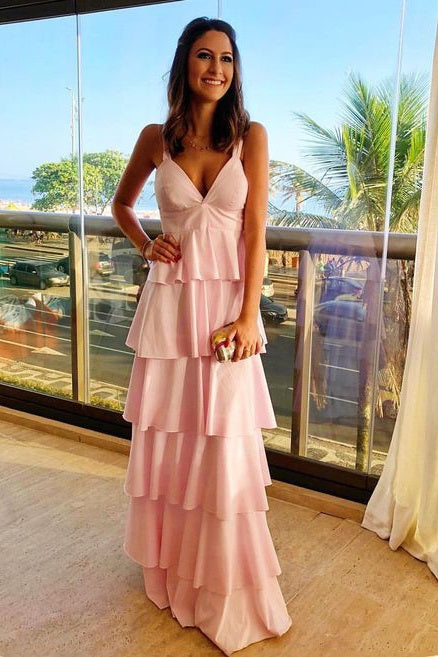 simple v neck pink ruffles long prom dress pink formal evening dress