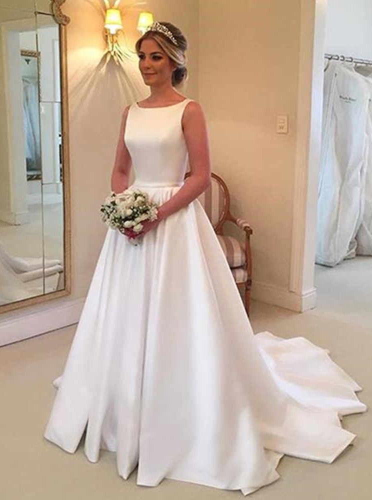 simple a line bateau satin backless wedding dress with train