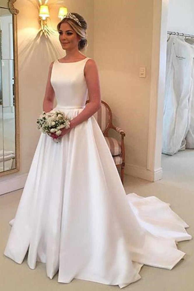 simple a line bateau satin backless wedding dress with train