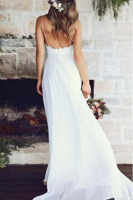 flowy chiffon spaghetti backless beach wedding dress with lace