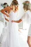 Flowy Chiffon Spaghetti Backless Beach Wedding Dress With Lace PW227