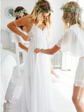 flowy chiffon spaghetti backless beach wedding dress with lace