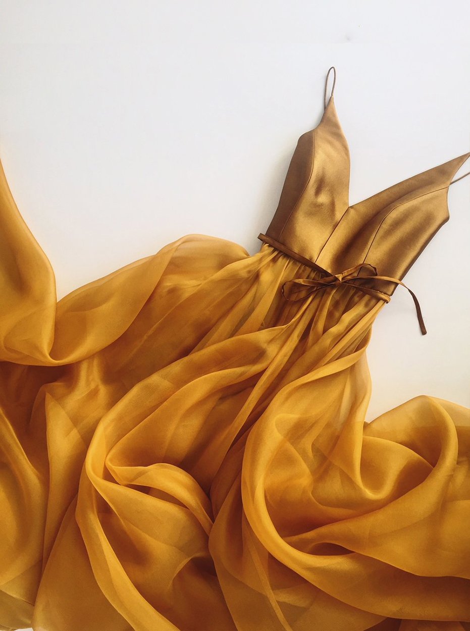 simple gold long prom dress v neck bodice with spaghetti straps