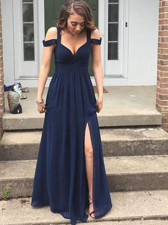 simple navy blue a line straps drop sleeves split long prom dress
