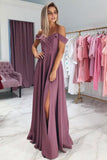 simple off shoulder prom dress long bridesmaid dresses with slit