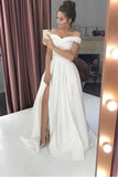 simple off the shoulder white a line wedding dress with slit