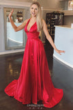 simple v neck royal blue long prom dress criss cross back with slit