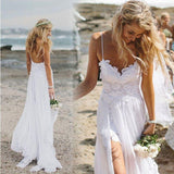 simple spaghetti straps tulle lace applique beach sheath wedding dress