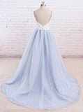 simple spaghetti straps tulle waist appliques baby blue backless prom dress
