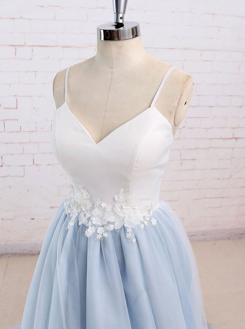 simple spaghetti straps tulle waist appliques baby blue backless prom dress