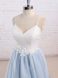 simple spaghetti straps tulle waist appliques baby blue backless prom dress