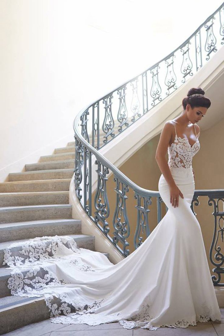 timeless mermaid spaghetti straps beach wedding dress with lace applique
