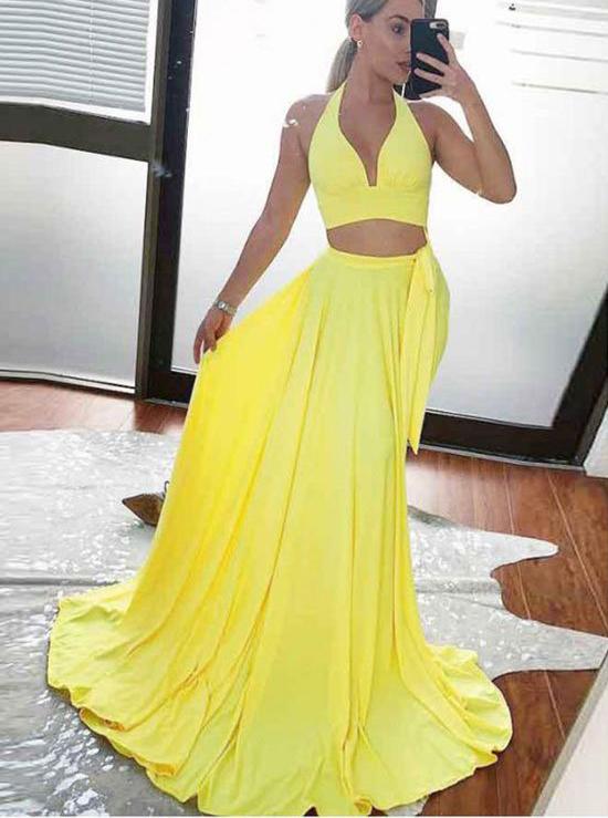 simple yellow halter v neck two piece long prom dress with split