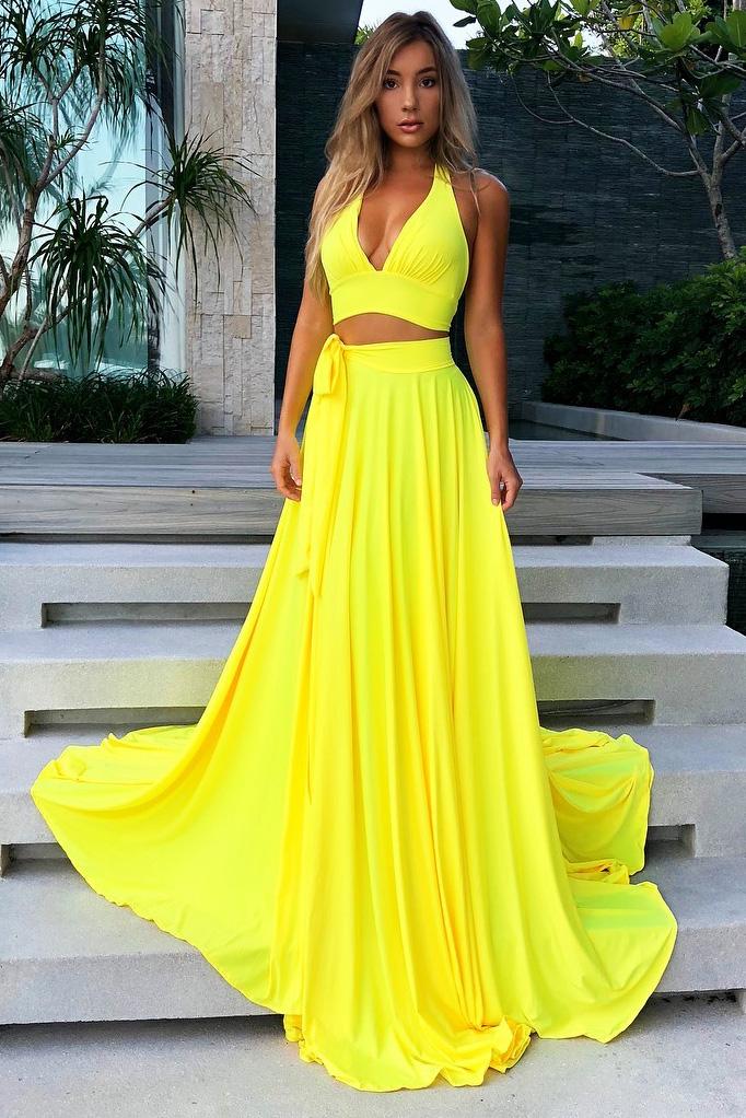 simple yellow halter v neck two piece long prom dress with split