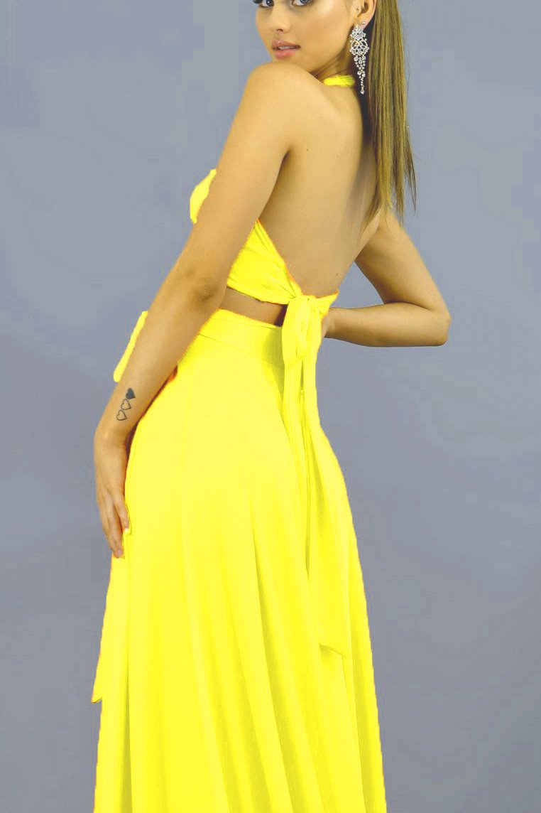 simple yellow halter v neck two piece long prom dress with split