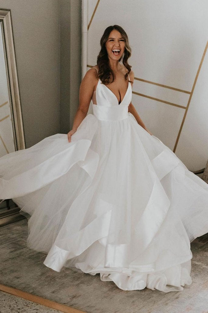 a line simple wedding dress backless bridal gown with deep v neck