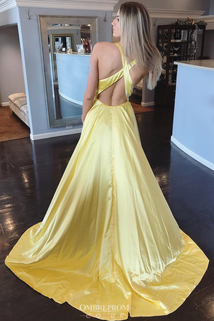 simple v neck royal blue long prom dress criss cross back with slit