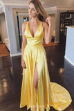 simple v neck royal blue long prom dress criss cross back with slit